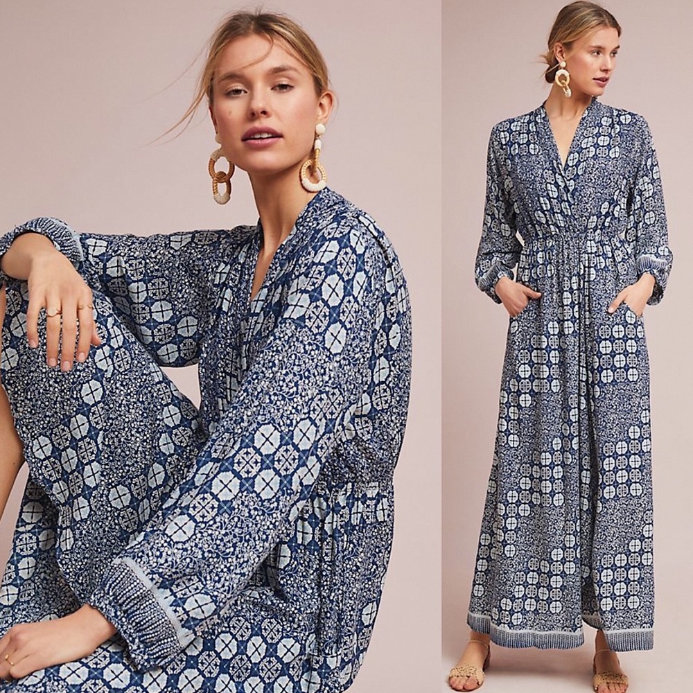 Anthropologie Blue and White Nico Printed Maxi Dress